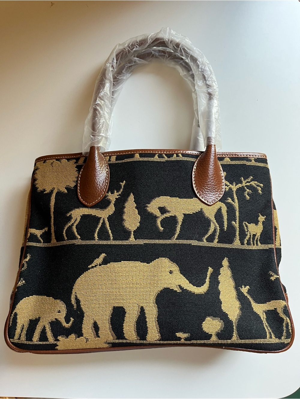 Black & Tan Animal Motif Tote Bag with Brown Trim